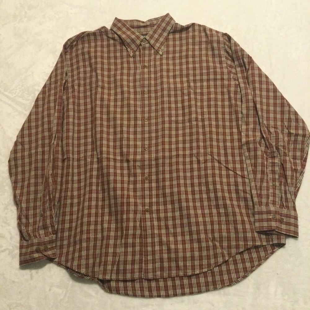 Lands End Button Down Shirt Men XL 17-17.5 Brown Cotton Plaid Classic Preppy Top